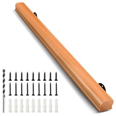 Imagem de Corrimão de escada de madeira maciça de 3 m para escadas internas, grades de escada ao ar livre, design de segurança antiderrapante resistente montado na parede, adequado para idosos e crianças, com