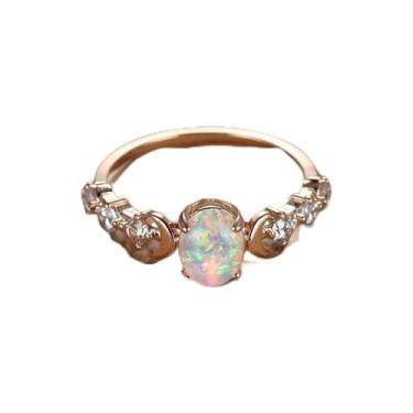 Imagem de Anel feminino vintage opala lua, opala oval de fogo branco com acentos, banhado a ouro rosa elegante configuração de quatro garras, Cobre, Sem pedra preciosa