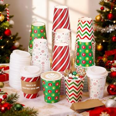 Imagem de Cunhill Conjunto de 100 xícaras de café descartáveis de Natal de 350 ml com tampas, papel espesso, durável, copo de café de Natal para chocolate quente, cacau, bebidas frias, suprimentos de festa de