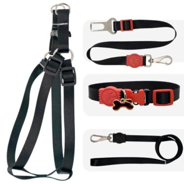 Imagem de Kit Coleira, Peitoral e Cinto de Segurança para Cachorro | Fita de Seda Néon Ajustável, Super Resistente e Confortável | Guia com Trava de Segurança para Passeios e Viagens(Preto,G)