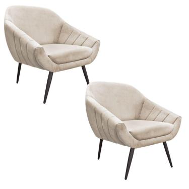 Imagem de Kit 02 Poltronas Giovana Suede Bege Pés Palito Ferro Drossi