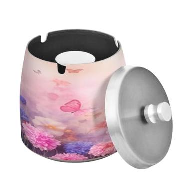 Imagem de Blueangle Cinzeiro de borboletas rosa com tampa para cigarros, à prova de vento/chuva, aço inoxidável, sem fumaça, inodoro, cinzeiro para uso interno ou externo (419)