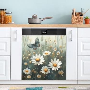 Imagem de ATTX Capa de ímã de aquarela prado margaridas para lava-louças, 58,4 cm C x 66 cm A decoração da capa da máquina de lavar louça, decalques de armário doméstico eletrodomésticos adesivos #215