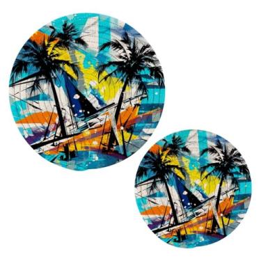 Imagem de Blueangle 2 peças de suporte de panela de palmeiras tropicais - conjunto de pegadores de panela de tecido redondo - almofadas quentes trançadas de algodão - porta-copos - tapetes de mesa para cozinhar