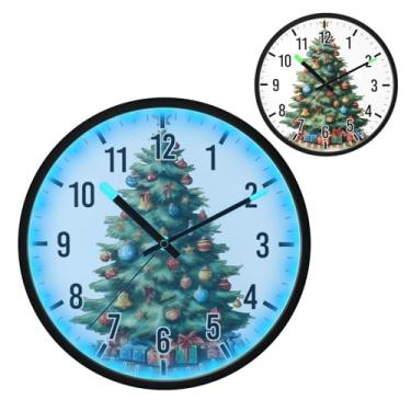 Imagem de Blueangle Relógio de parede com luz noturna LED que brilha no escuro e ativado por voz, silencioso design de árvore de Natal em aquarela de 30,5 cm, operado por bateria para decoração de quarto e sala