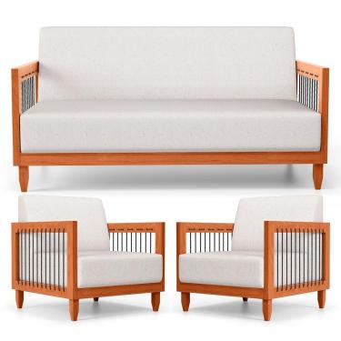 Imagem de Kit 02 Poltronas E 01 Sofá Samoa Madeira Maciça Com Cordas Náutica Linho Natural - Desk Design