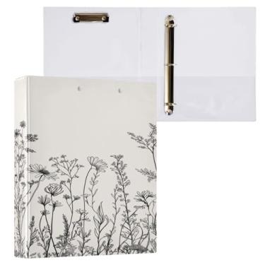 Imagem de Blueangle Fichário de 3 anéis de flores pretas e brancas com prancheta e 2 bolsos - Organizador de documentos decorativos de 3 cm para escritório, suprimentos para reuniões (839)