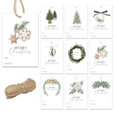 Imagem de Whaline 90 peças de etiquetas de presente de papel de Natal para pendurar guirlanda de árvore de Natal com corda de cânhamo 9 etiquetas de etiquetas para decoração de lembrancinhas de festa