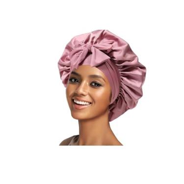 Imagem de Touca de seda de cetim para dormir gorros grandes com faixa de amarrar cabelo com tiras ajustáveis touca de cabelo para mulheres rosa encaracolado