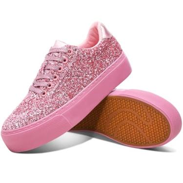 Imagem de Jeekopeg Tênis feminino com plataforma com glitter, casual, lantejoulas, brilhante, sola grossa, para caminhada, tênis de casamento com lantejoulas brilhantes para mulheres, Glitter rosa, 41