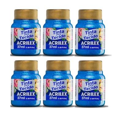 Imagem de Kit 6 Tintas para Tecido Glitter Acrilex 37ml Azul 204 | Brilho Intenso, Fixação a Frio, Alta Durabilidade e Resistência às Lavagens para Artesanato e Customização