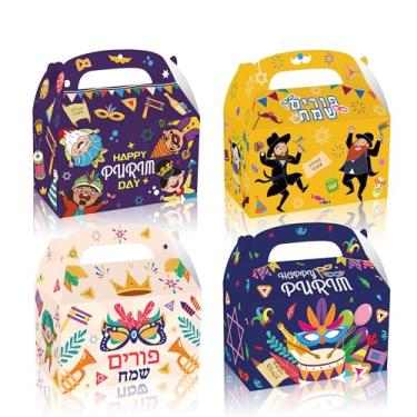 Imagem de 24 caixas de presente Purim com tampas, sacos e caixas Happy Purim design multicolorido caixa de presente de papel kraft para festa, embalagem, presente, caixas de lanche, conjunto de 4 designs