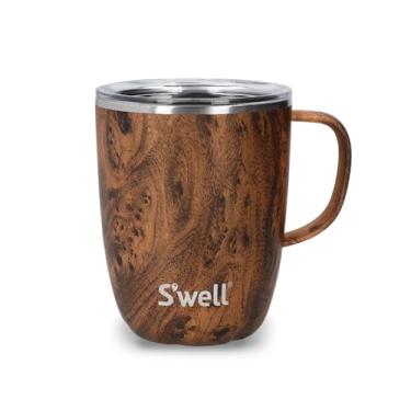 Imagem de S'well Caneca com alça, madeira teca, 350 ml. Caneca de viagem de aço inoxidável isolada a vácuo com alça, copo de viagem em movimento com tampa deslizante - pode ser lavada na lava-louças