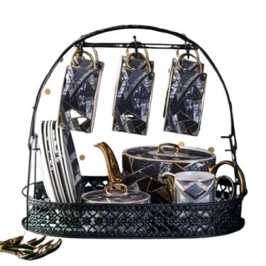 Imagem de Conjuntos de chá de cerâmica, conjunto de café chinês, conjunto de chá, conjunto de chá para adultos moderno conjunto de 6 xícaras de chá preto e pires para sala de estar, decoração de casa, conjunto