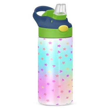 Imagem de CEBUGI Garrafas de água de fundo gradiente colorido à prova de vazamento garrafa de água infantil com canudo Garrafa de água isolada a vácuo de aço inoxidável para meninos e meninas