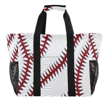 Imagem de Wassud Bolsa de compras reutilizável de renda vermelha de beisebol grande bolsa organizadora de lona impermeável para praia, piquenique, lavanderia, viagem