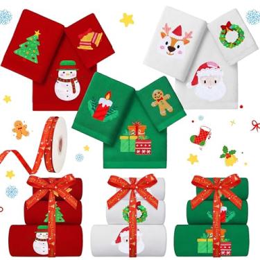 Imagem de Hahafelt Pacote com 9 toalhas de banheiro de algodão, toalhas de banho natalinas de 68 × 139 cm, toalhas de mão de Natal de 38 x 68 cm, toalhas de banho de Natal de 27 × 11 polegadas e fita decorativa