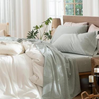 Imagem de MooMee Jogo de lençol listrado 100% algodão lavado como linho texturizado respirável durável macio confortável (riscas verdes mescladas, King)