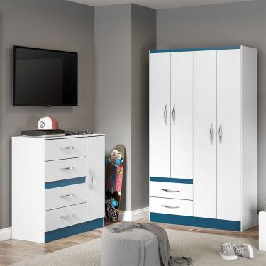 Imagem de Kit Completo para Quarto Infantil Guarda-roupa Cômoda Mdp Branco Azul 2074 Menu