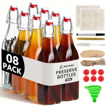 Imagem de Ruckae Garrafas de vidro quadradas com tampas Kombucha Coquito Flip Top Garrafa de vidro para xarope extrato de baunilha Brew Beer Kefir Garrafas herméticas para presente (pacote com 473 g)