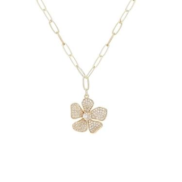 Imagem de Colar feminino com pingente de flor de zircônia cúbica de ouro 14K com corrente ajustável de 40 a 45 cm (caixa de presente incluída). Joias românticas para ela (aniversário, dia dos namorados