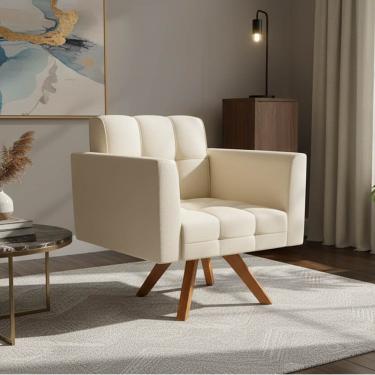 Imagem de Poltrona Sala Decorativa Elisa Base Giratória Castanho MM30 Sintético PU Bege D03 - D'Rossi