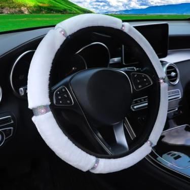 Imagem de Knonip Capa de volante respirável antiderrapante, capa de design de strass fofo de 38 cm, capa de alça de carro confortável e moderna para o inverno (branca)