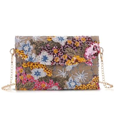 Imagem de QTKJ Bolsas clutch para mulheres, pacote de envelope, bolsa de palha com flores bordadas de lantejoulas, bolsas de mão boêmias feitas à mão, Azul, One Size