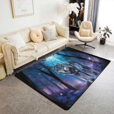 Imagem de Erosebridal Tapete de lobo preto para crianças, meninos, 3D, lobo, interior, ramo, lua, noite, bosque, animal selvagem, tapete decorativo para cabeceira, sala de aula, sem queda, 12 x 17 cm
