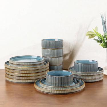 Imagem de GBHOME Conjuntos de louça de grés para 6, conjunto de pratos e tigelas de cerâmica de esmalte reativo redondo, altamente resistente a arranhões | Conjunto de pratos seguros para lava-louças e