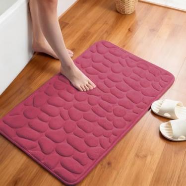 Imagem de Tapete de banheiro rosa choque, tapete de banho de espuma de memória, relevo de paralelepípedo, ultra absorvente, antiderrapante e secagem rápida (bordô)