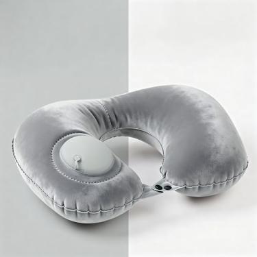 Imagem de Travesseiro inflável de viagem, travesseiro de pescoço inflável ajustável, travesseiro inflável rápido portátil em forma de U com máscara de olho, tampão de ouvido e bolsa de transporte, para aviões
