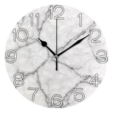 Imagem de GAIGEO Relógio de parede analógico decorativo relógio de cozinha bonito redondo sem tique-taque silencioso, retrô moderno art déco decoração de parede textura veias branco minimalista, 25 cm