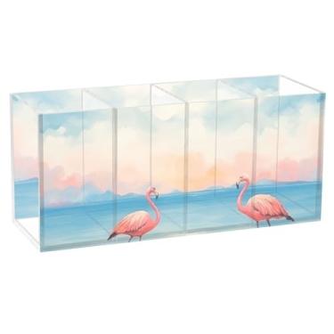 Imagem de TSENQUE Flamingos Beach Suporte de lápis de mesa personalizado em aquarela de acrílico para caneta, pincel de maquiagem, porta-copos, material de escritório para mulheres