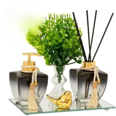 Imagem de Kit Lavabo Luxo Vidros Degradê 280ml com Difusor, Saboneteira e Bandeja Decorativa(Dourado)