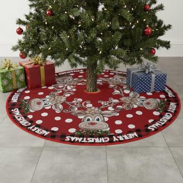 Imagem de Saia de árvore de Natal de 90 cm, padrões de cervos e bolinhas, tapete de árvore de férias de inverno, decoração de festa para casa, ambientes internos e externos