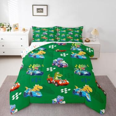 Imagem de jejeloiu Conjunto de edredom infantil com desenho de dinossauro, estampa de dinossauro, verde, para decoração de quarto de crianças, meninos, meninas, microfibra, ultramacia, respirável