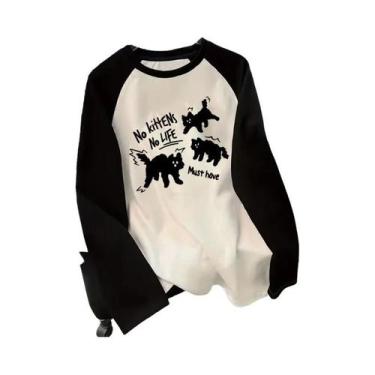 Imagem de Camiseta Feminina Preta De Manga Longa Com Estampa De Gato, Estilo Cas