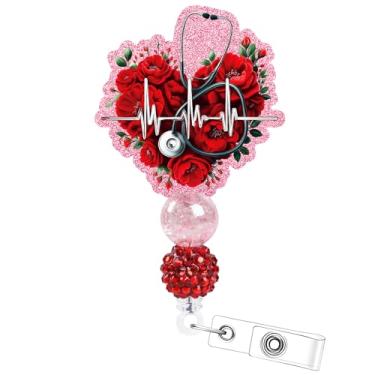 Imagem de Carretel retrátil para crachá de dia dos namorados – Suporte de crachá rosa cosmisun Valentine com clipe jacaré com glitter, flor, nome, nome, crachá, clipe para enfermagem, estudante, médico