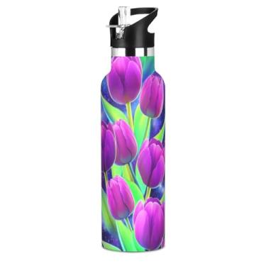 Imagem de Joisal Garrafas de água isoladas de aço inoxidável de 590 ml com tampa de canudo Tulipas roxas vibrantes garrafa de água para meninos meninas copo de viagem à prova de vazamento parede dupla vácuo com