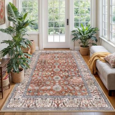 Imagem de KUTA Tapete vintage lavável 10 x 15 cm, cobertura de piso tradicional, terracota, ultrafino, macio, retrô, destaque, tapete antiderrapante, antiderrapante, tapete com estampa floral, quarto, sala de