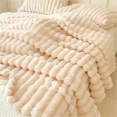 Imagem de Cobertor de lã para sofá, cama, decoração de casa, cobertor aconchegante de flanela de pelúcia macio com listras decorativas para adultos, mulheres, meninas (branco, Queen (203 x 228 cm))