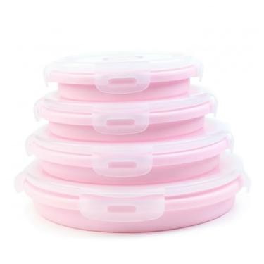Imagem de Conjunto 4 Potes Dobráveis de Silicone 350 a 1200ml Redondo e Retangular Livre de BPA (Redondo Rosa)