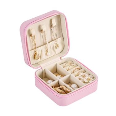 Imagem de CASEGRACE Estojo de joias de viagem, pequena caixa de joias portátil organizador de viagem estojo de armazenamento para anéis brinco colar pulseira, presente para mulheres meninas, rosa
