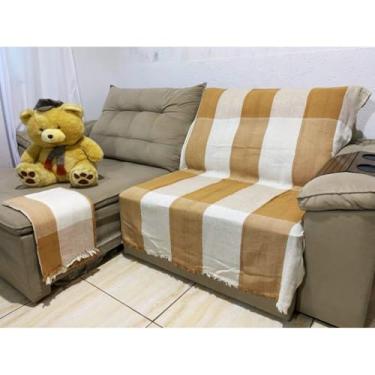 Imagem de Manta para Sofá Decorativa 2,10x1,20m em Algodão – Protetora para Sala 2 ou 3 Lugares(Avelã C/Branco)