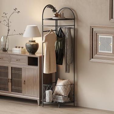 Imagem de HKaikzo Árvore de canto para salão, cabide com 6 ganchos móveis de metal e cesto de armazenamento, suporte de roupas para quarto, entrada e corredor