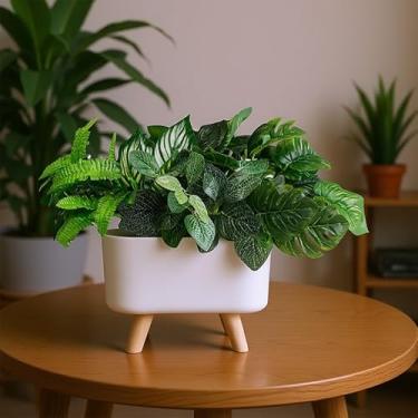 Imagem de SUWUYUE Plantas de grama verde artificial em caixa branca retangular, vegetação sintética em estilo de caixa decorativa para mesa de escritório, casamento, cozinha, janela, prateleira, decoração