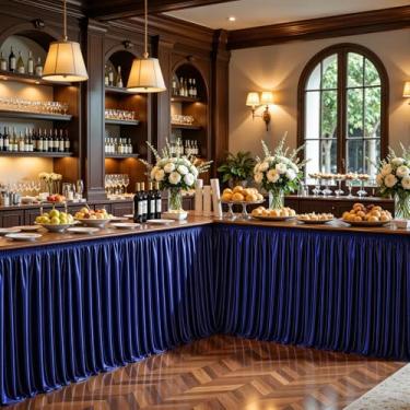 Imagem de Saia de mesa de cetim azul marinho de 3,5 m, tecido de elastano brilhante para mesas retangulares/redondas, saia de mesa plissada, saia de mesa sem rugas para cozinha doméstica, mesa de dormitório de
