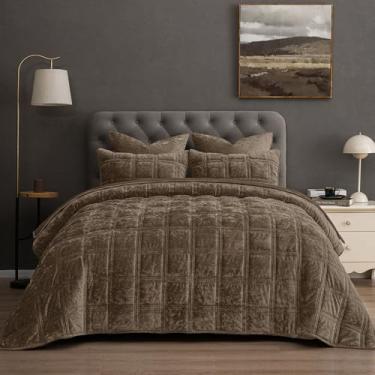 Imagem de PHF Conjunto de colcha de veludo ultramacio, tamanho king – 3 peças de edredom acolchoado luxuoso e aconchegante com padrão de diamante, colcha acolchoada quente, 274 x 233 cm, filhote