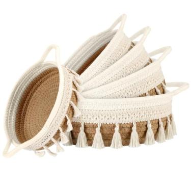 Imagem de LemonRoad 5 peças de cesta de armazenamento redonda tecida à mão com alça, corda de algodão, marrom, recipiente pequeno para prateleiras, armário, banheiro, berçário, cômoda, organizador de brinquedos